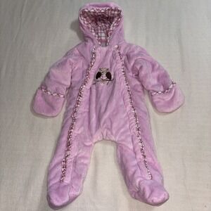 Little By Little Pink Fleece One-piece Snowsuit Hooded Owl Motif Baby Girl 3-6Mo